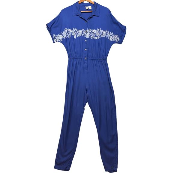 Roxy Blue Hawaiian Floral Short Sleeve Jumpsuit Pant Romper Women Medium - Picture 1 of 7